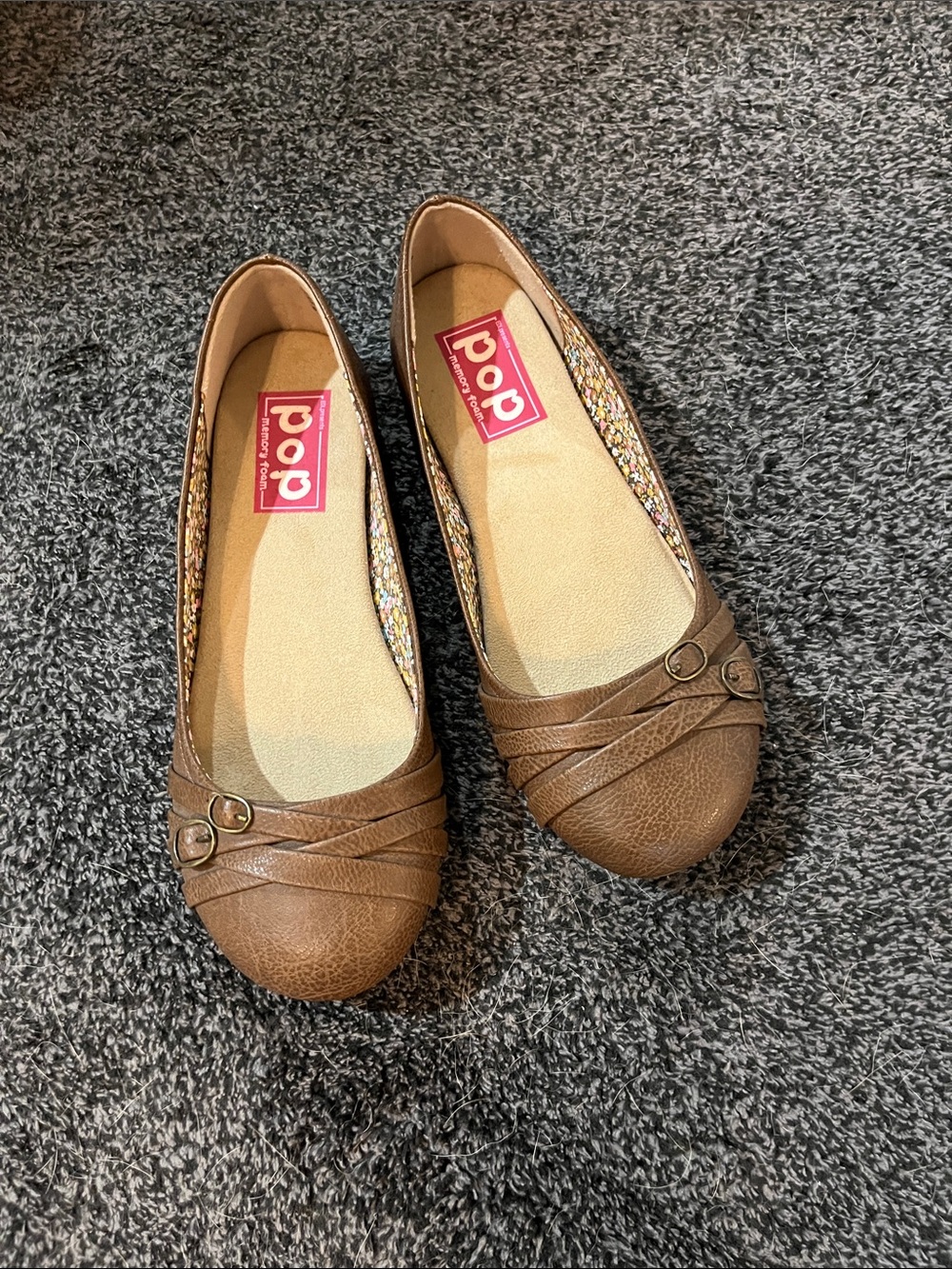 pop Brown Faux-Leather Ballet Flats with Buckle Straps